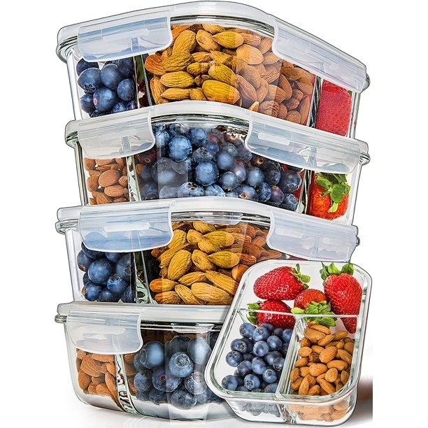 Prep Naturals Glass Meal Prep Containers 3 Compartment 5 Pack - Glass Food Storage Containers with Lids