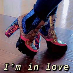 reviewer wearing the boots with text 