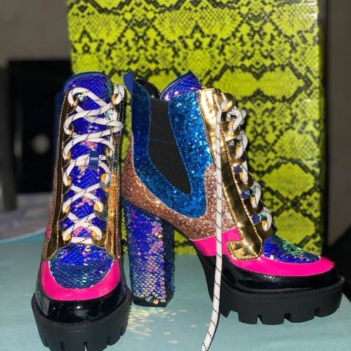 colorblocked blue, black, pink, gold, rose gold, and purple mermaid boots with white laces and mixed sequin, glitter, metallic, and patent textures