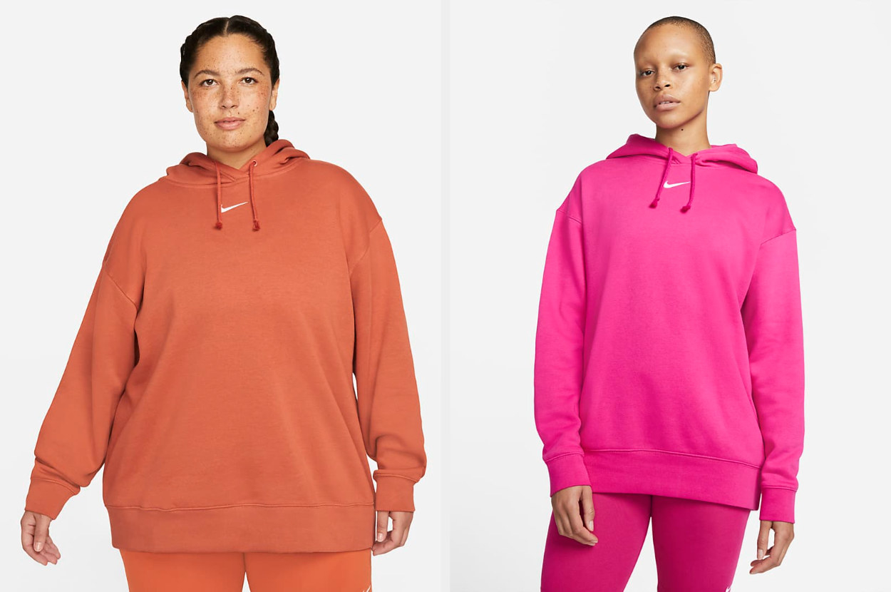 Models wearing orange and pink hoodies