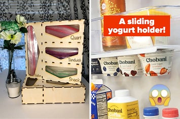 left image: sandwich bag organizer, right image: sliding yogurt holder