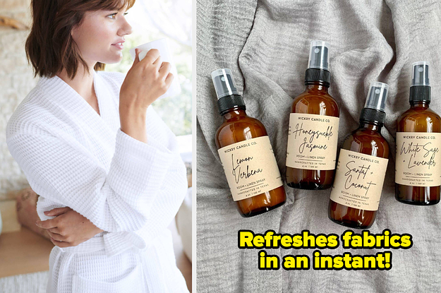 L: a model holding a mug and wearing a white waffle robe, R:four small spray bottles and text reading "refreshes fabrics in an instant!"