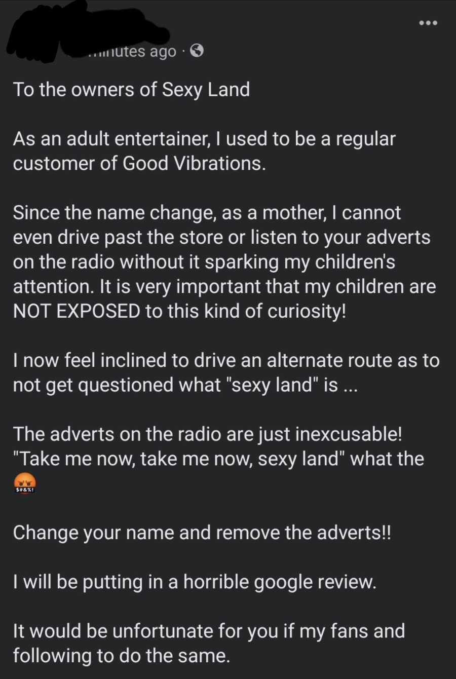facebook post asking store called Sexy Land to change their name because the poster&#x27;s kids hear their ads on the radio and see the store out the car window and ask questions