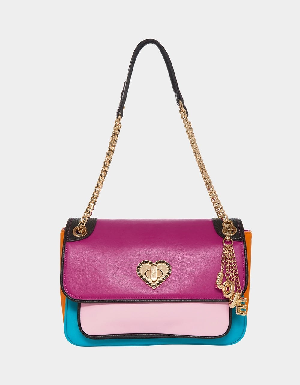 magenta, pink, teal, orange, and black bag with gold charm and hardware and heart-shaped turnlock clasp