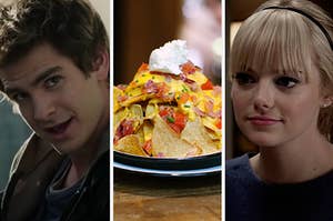 Peter Parker is on the left with nachos in the center and Gwen Stacy on the right
