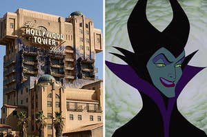 the tower of terror on the left and maleficent on the right