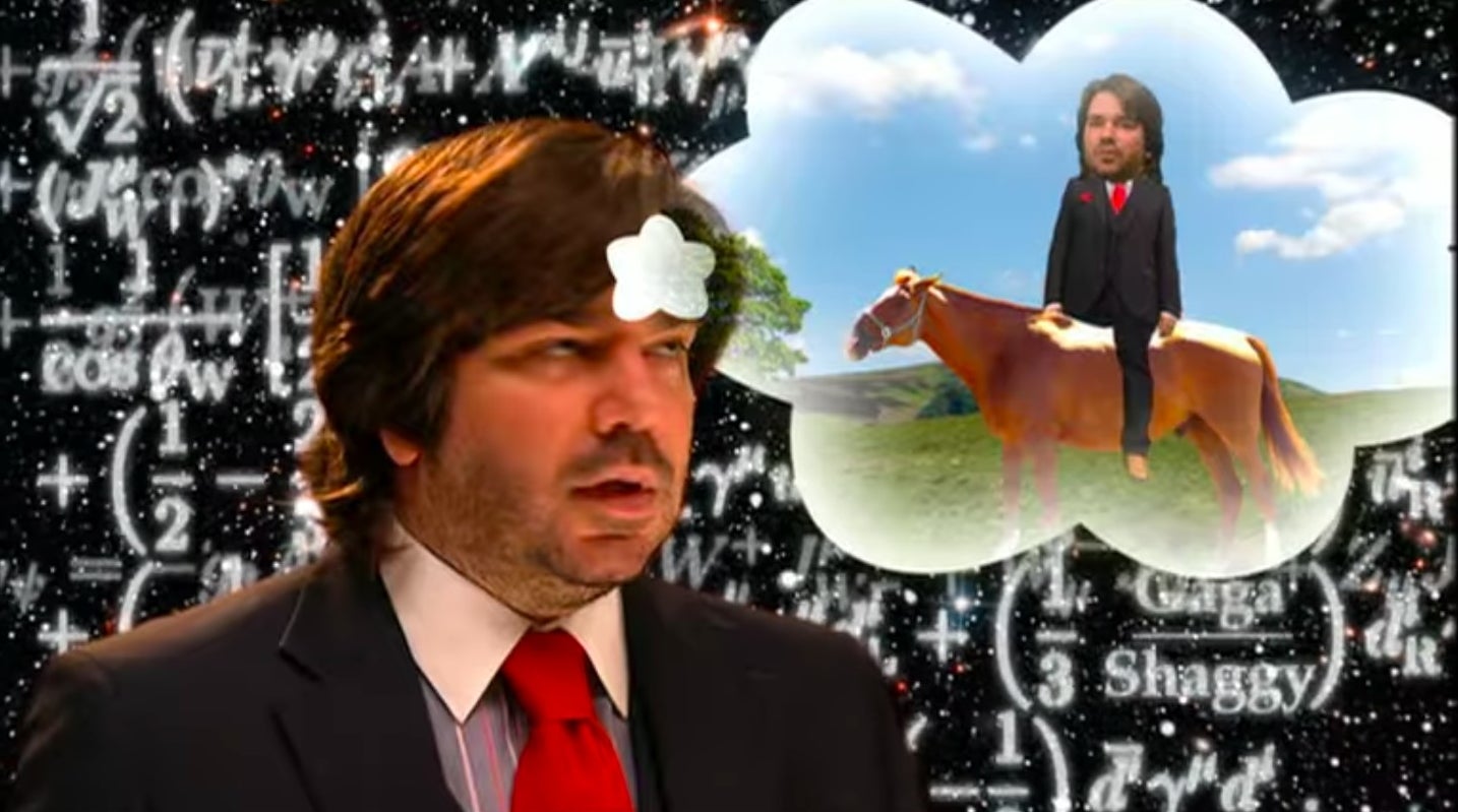 Douglas with a thought bubble of himself on a horse with scientific equations in the background in &quot;The IT Crowd&quot;