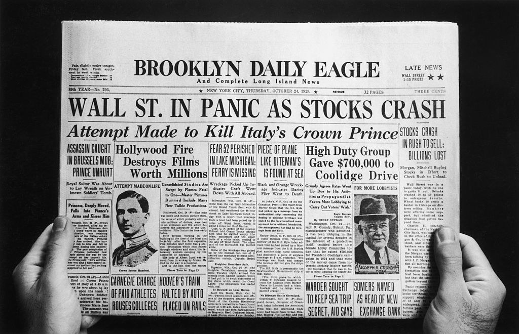 the front page of the Brooklyn Daily Eagle, with headlines about the crash of the stock market