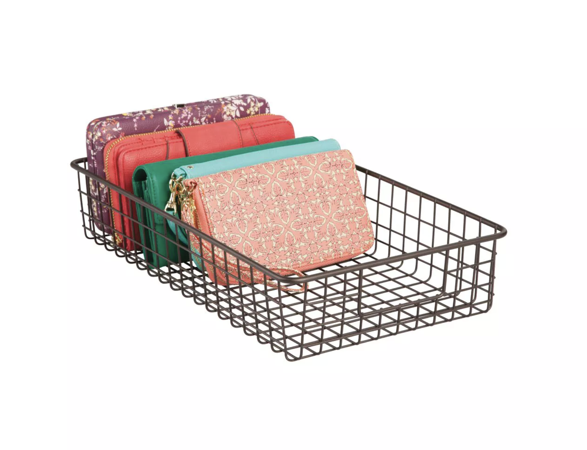 the wire basket with small purses in it