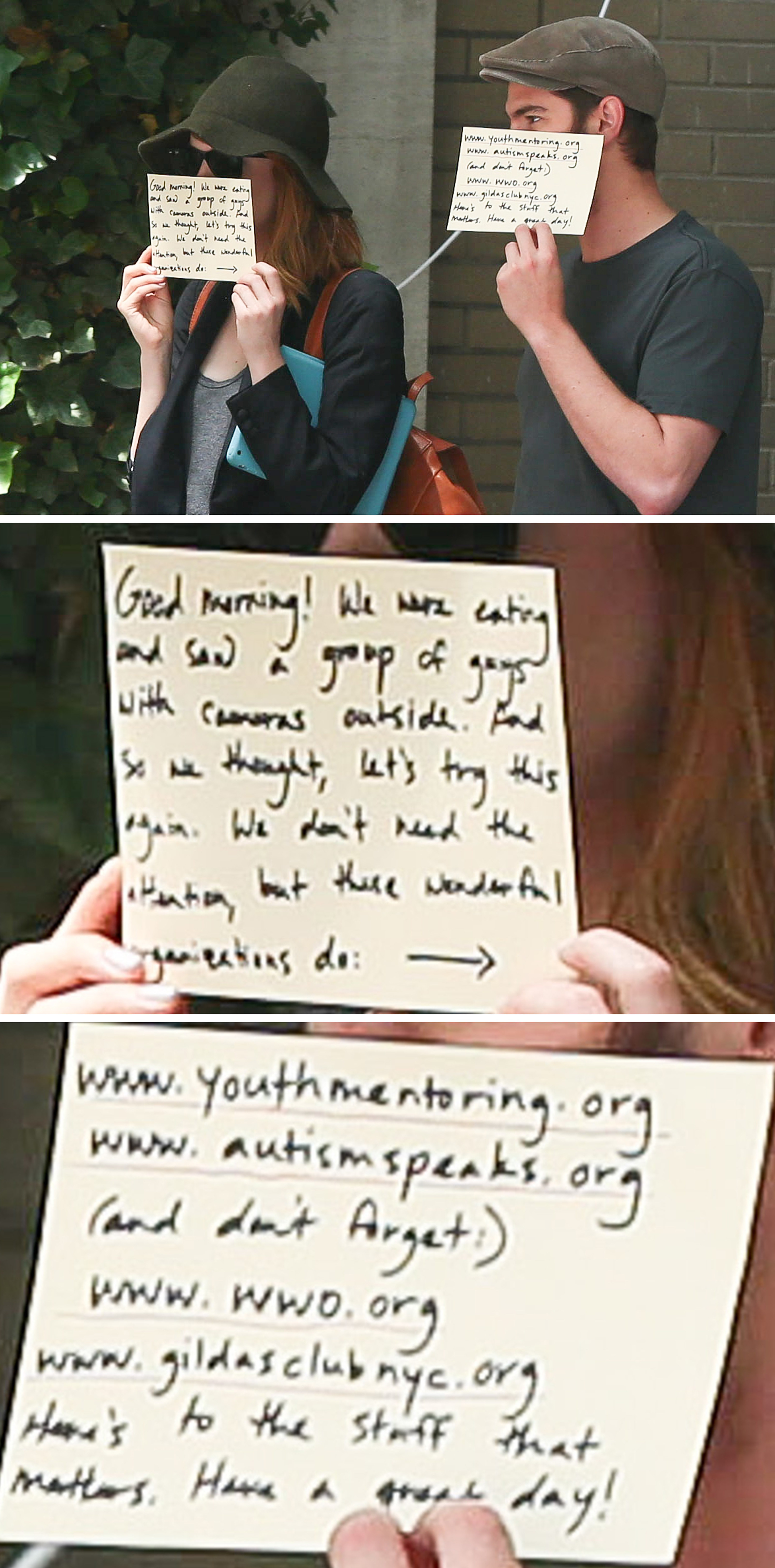 Andrew and Emma holding signs over their faces that list different charities