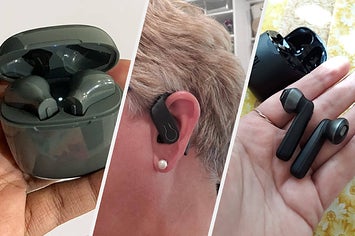Reviewer holding green wireless earbuds in charging case, reviewer wearing black wireless earbuds, reviewer holding black wireless earbuds next to charging case