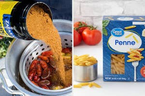 a jar of seafood seasoning and a box of penne pasta