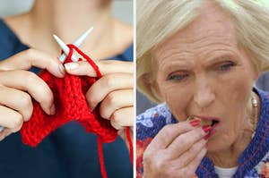 On the left, someone knitting, and on the right, Mary Berry eating a cookie on The Great British Baking Show