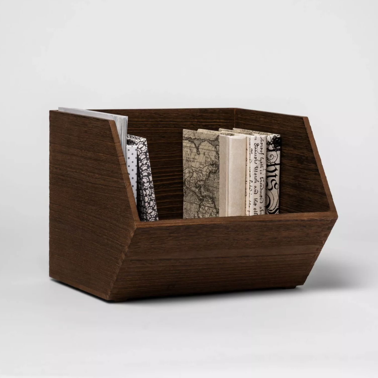 wooden box with books in it
