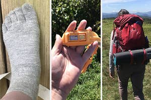 on the left  the writer wearing light grey toe socks, in the middle the writer's orange headlamp, on the right the writer in a red backpacking pack