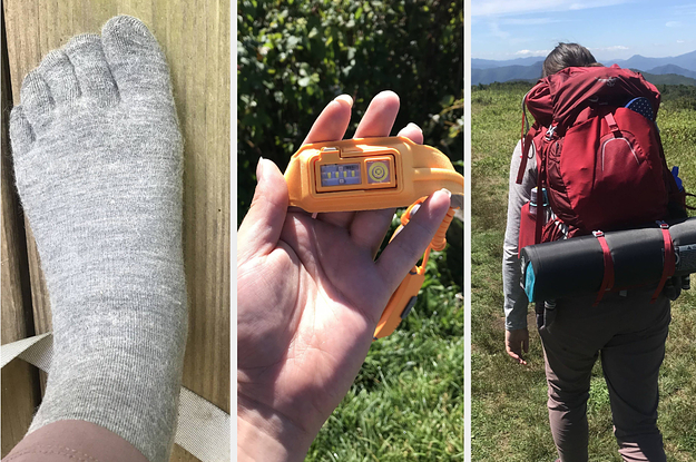 on the left the writer wearing light grey toe socks, in the middle the writer's orange headlamp, on the right the writer in a red backpacking pack