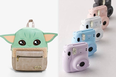 L: Mini Baby Yoda backpack R: Row of Instax Mini instant film cameras
