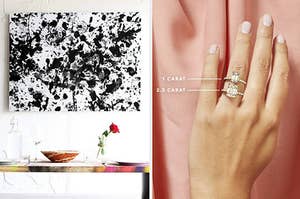 L: abstract white and black art kit R: Model wearing emerald cut engagement ring