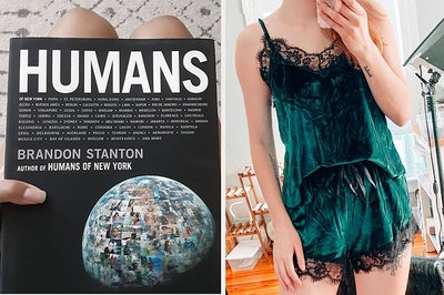 on left a copy of Humans book and on right reviewer wearing green pajama set 