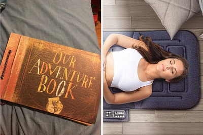 to the left: an adventure book, to the right: a model on a massage mat