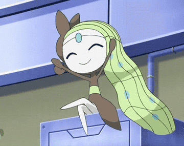 Meloetta cheering while seated