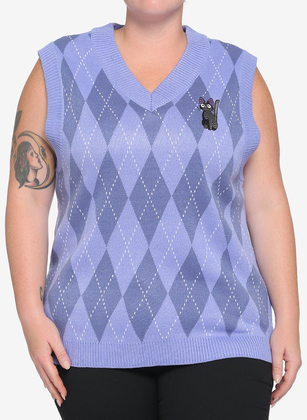 model in periwinkle argyle sweater vest with jiji on the left side of their chest