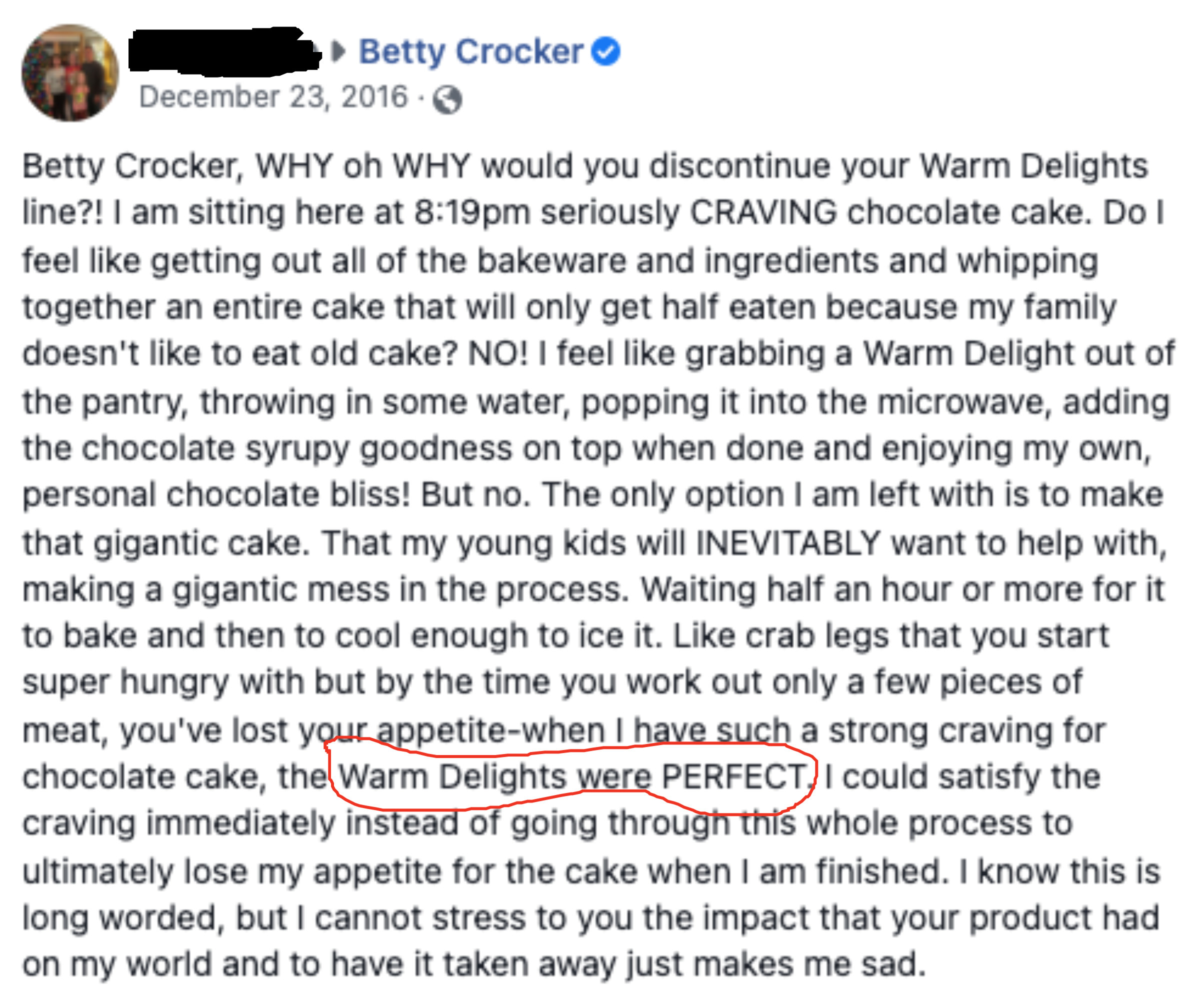 Customer writing a message to Betty Crocker&#x27;s Facebook complaining about Warm Delights being discontinued