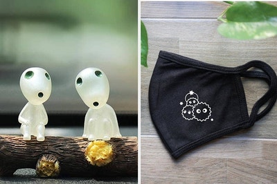 to the left: forest spirit creatures, to the right: a soot sprite mask