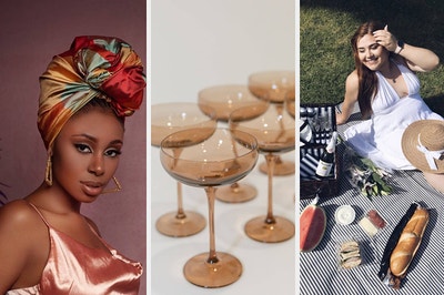 A model wearing a headwrap // Champagne glasses // A person laying on a picnic blanket