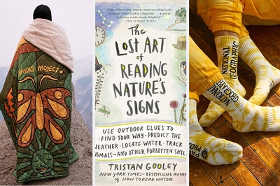 split thumbnail of person in camping blanket on a cliff, the cover of the book "The Lost Art of Reading Nature's Signs," and yellow tie-dye National Geographic socks