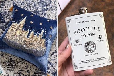 on left a velvet pillow with Hogwarts and on right reviewer holding polyjuice potion flask 