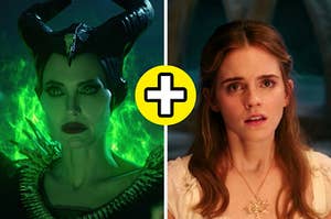 On the left, Angelina Jolie as Maleficent, and on the right, Emma Watson as Belle in Beauty and the Beast with a plus sign in the middle