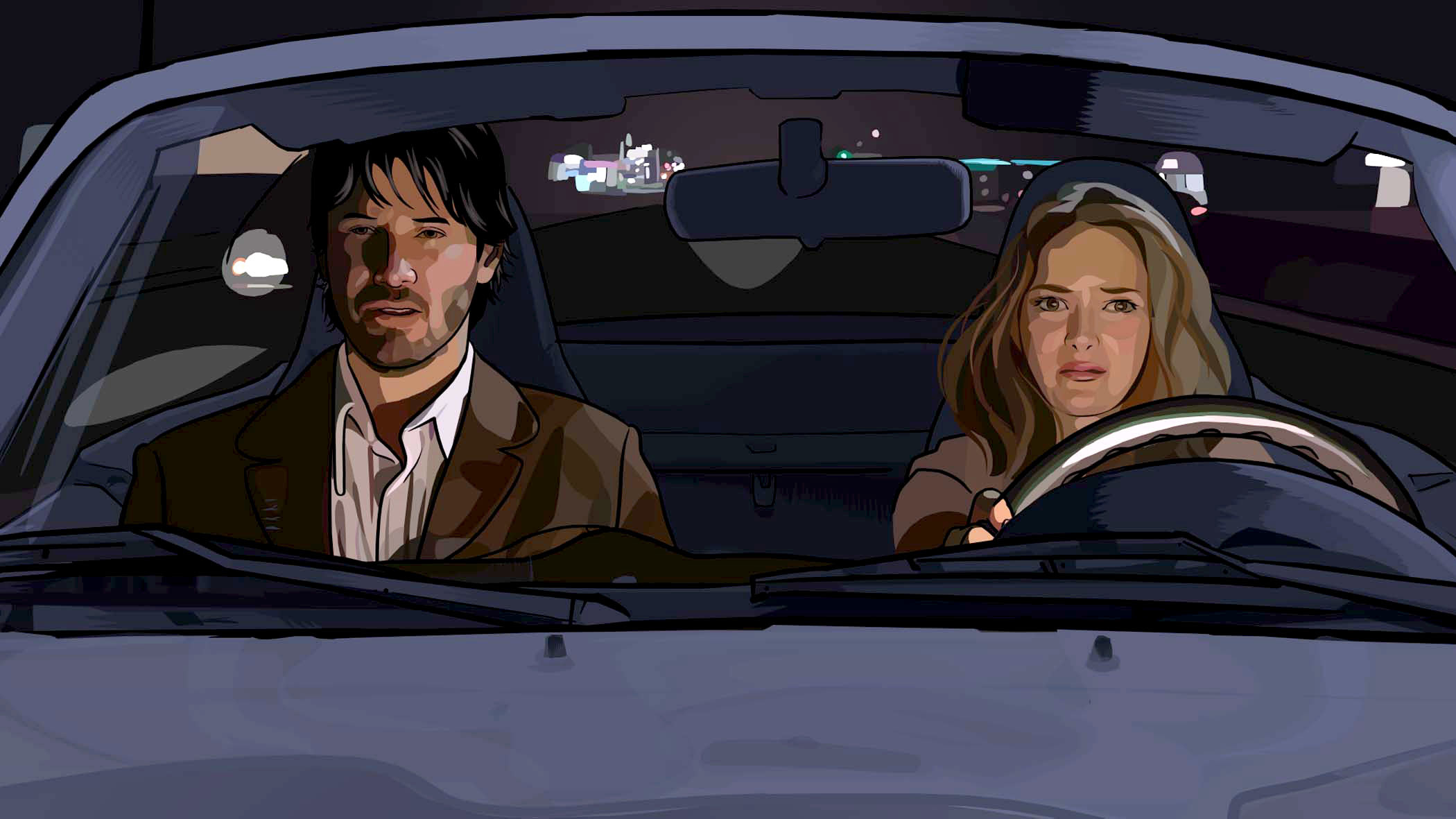 two animated versions of Keanu and Winona driving a car