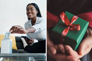 a woman grabbing a polaroid from a printer and a person holding a small Christmas themed box in their hands