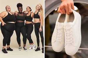 on left models wearing matching black sports bras and leggings and on right a pair of white lace-up sneakers 