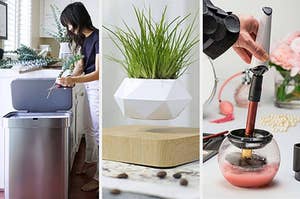 Three panels, from left to right, showing a open trash can with a reviewer cutting plant stems into it, a white planter levitating over a wooden base, and a hand dipping a makeup brush with a spinner device attached into a cleaning solution