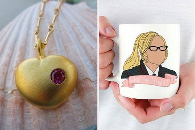 On the left, a replica of the necklace from "Love, Actually." On the right, an Elle Woods mug that reads "What, like it's hard?"