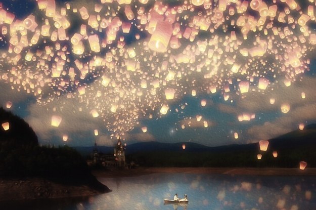 the wish lanterns over a lake print