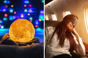glowing moon lamp and woman on plane with eye mask 