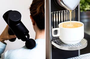 Massage gun massaging a person's shoulder, and an espresso machine pouring coffee