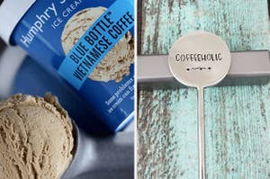 on the left, blue bottle coffee ice cream, and on the right, a coffee stirrer with "coffeeholic" engraved on it