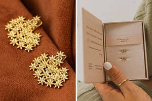on the left gold flower earrings and on right stud earrings in a gift box