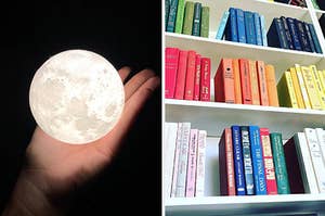 on left reviewer holding a moon and on right multi-colored books 