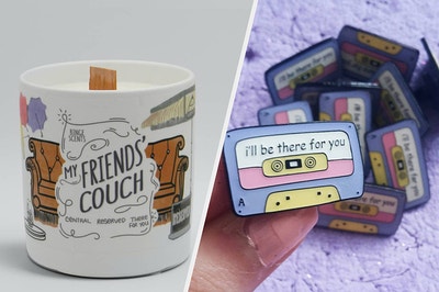 (left) Illustrated candle (right) Mixtape pin with the words "I'll Be There for You" on it