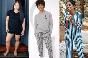 to the left: a reviewer in a black tee pajama set, middle: a model in mickey pajamas, to the right: a model in striped pajamas
