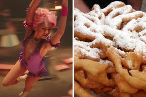 Zendaya is flying in the air at a circus with funnel cake on the right