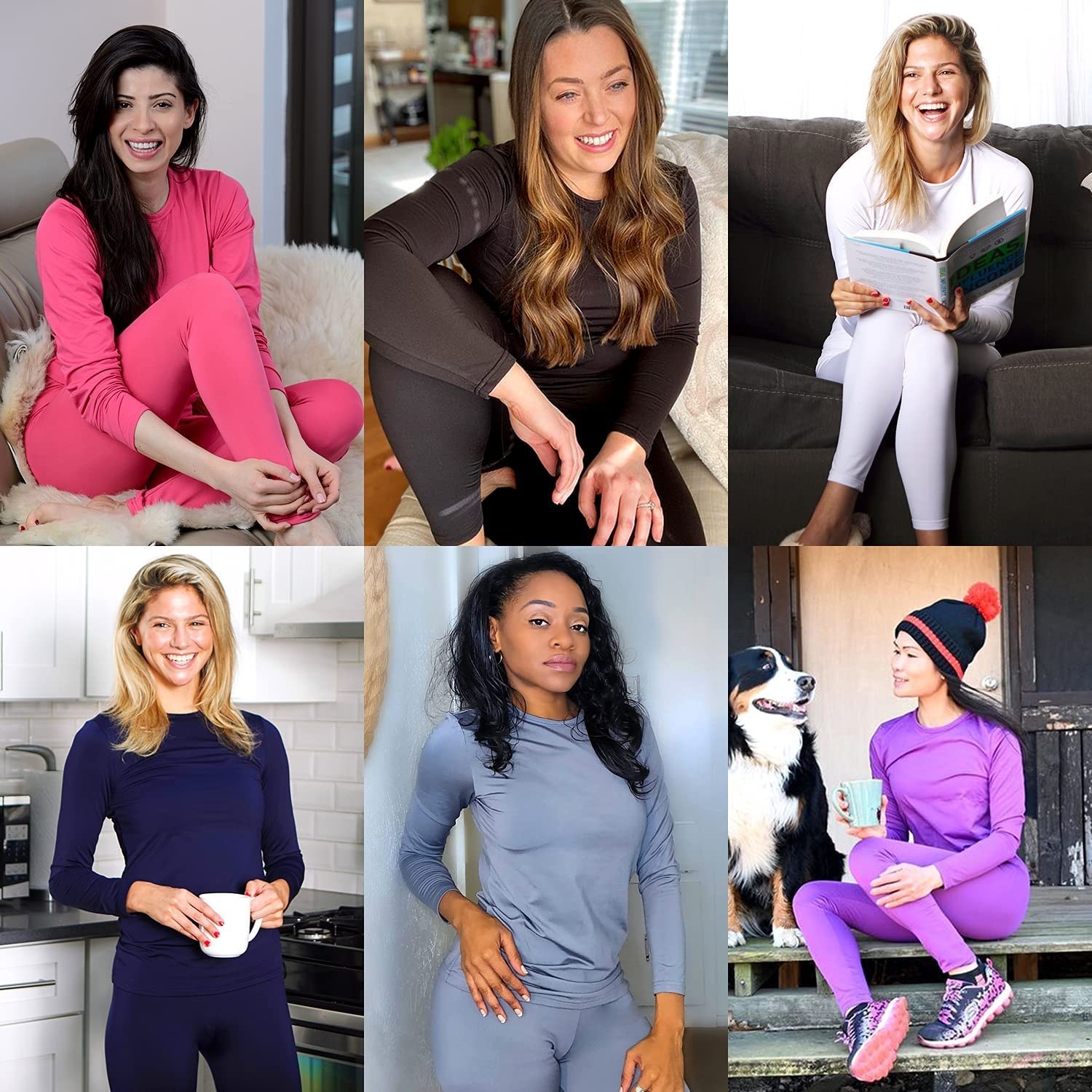Collage of six models wearing thermal underwear in various colors