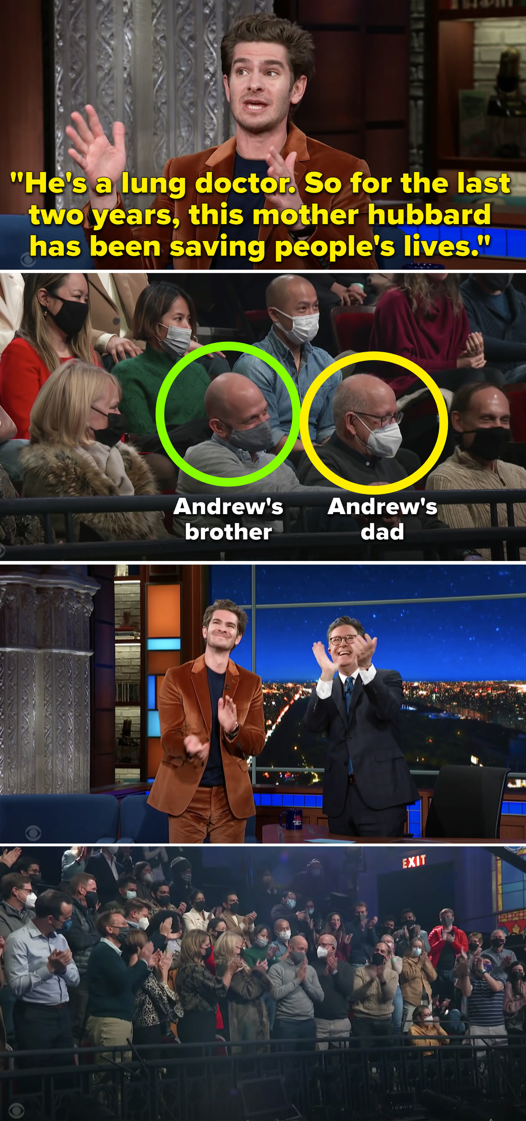 Andrew explaining his brother is a lung doctor and he has been saving people&#x27;s lives, then the audience, Andrew, and Stephen Colbert giving his brother a standing ovation