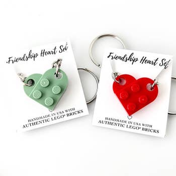 two heart keychains in green and red