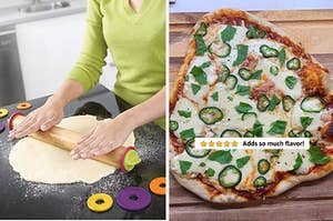 An adjustable rolling pin / a pizza with five stars and text "adds so much flavor"